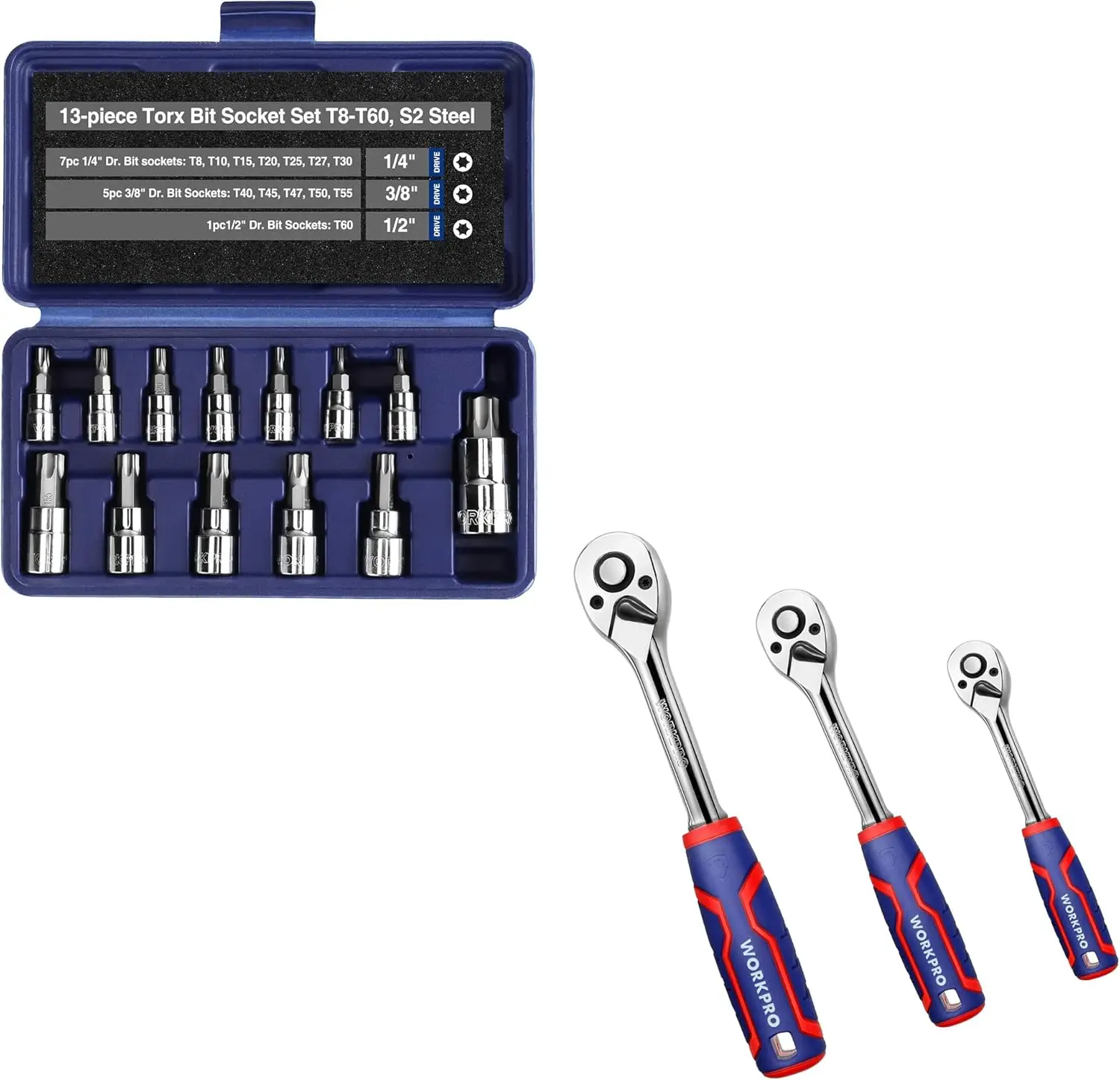 

13-Piece Torx Bit & 3-Piece Ratchet Set, 1/4', 3/8', 1/2' Quick-Release Reversible 72-Tooth Socket Wrench