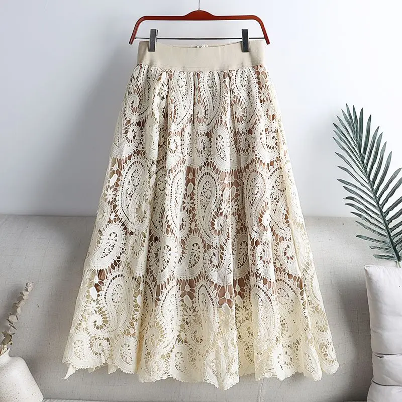 Summer New Women Crochet Lace A-Line Maxi Skirt High Waist Elastic Female Retro Flared Skirts