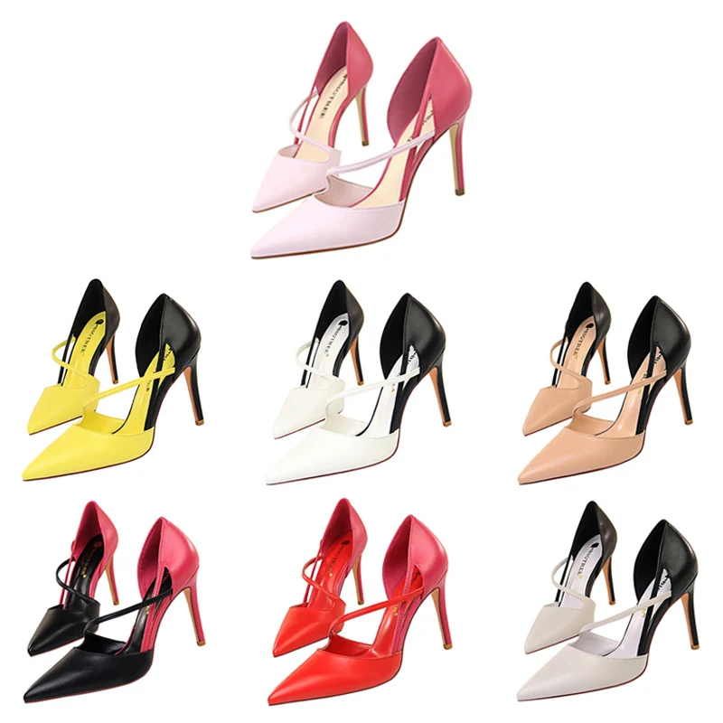 

Summer Women 9.5cm High Heels Sweet Red Yellow Hollow Sandals Lady Fetish Patchwork Strap Stripper Pumps Fashion Designer Shoes