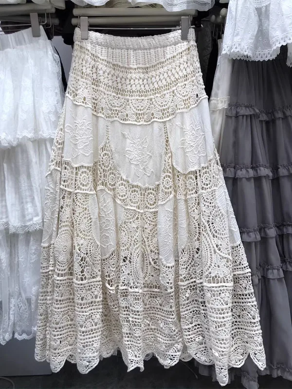 

Ретро-юбка из хлопка с вышивкой и кружевом, ажурная, с богатой отделкой, в стиле придворной моды, для девочек, в стиле «лесная фея», милая, сказочная, длинная