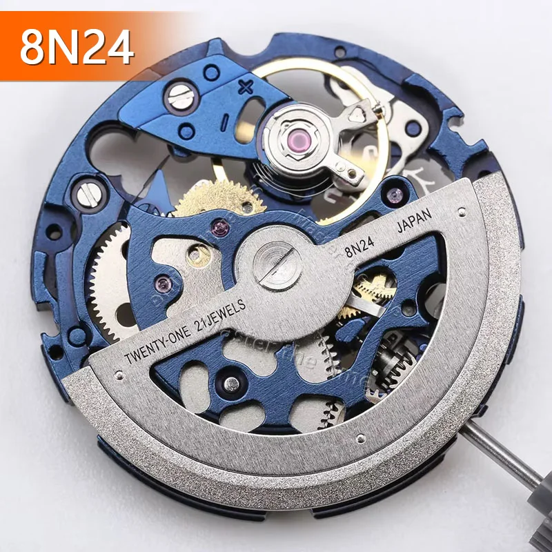 Movimento mecânico 8N24 modificado 21 joias Mecanismo de esqueleto automático de corda automática Movimento azul 8N24