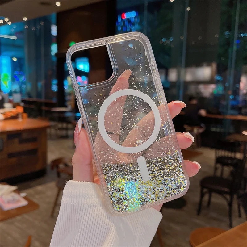 Luxury Magnetic Magnets Quicksand Case Cover for iPhone 15 14 16 Pro Max Glitter Powder Sequins Shell Hard Funda Liquid Carcasas