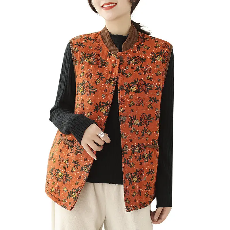 Autumn Winter Floral Vest Jacket Cotton And Linen Loose Large Size Retro Versatile Casual Quilted Top Sleeveless Waistcoat T1590