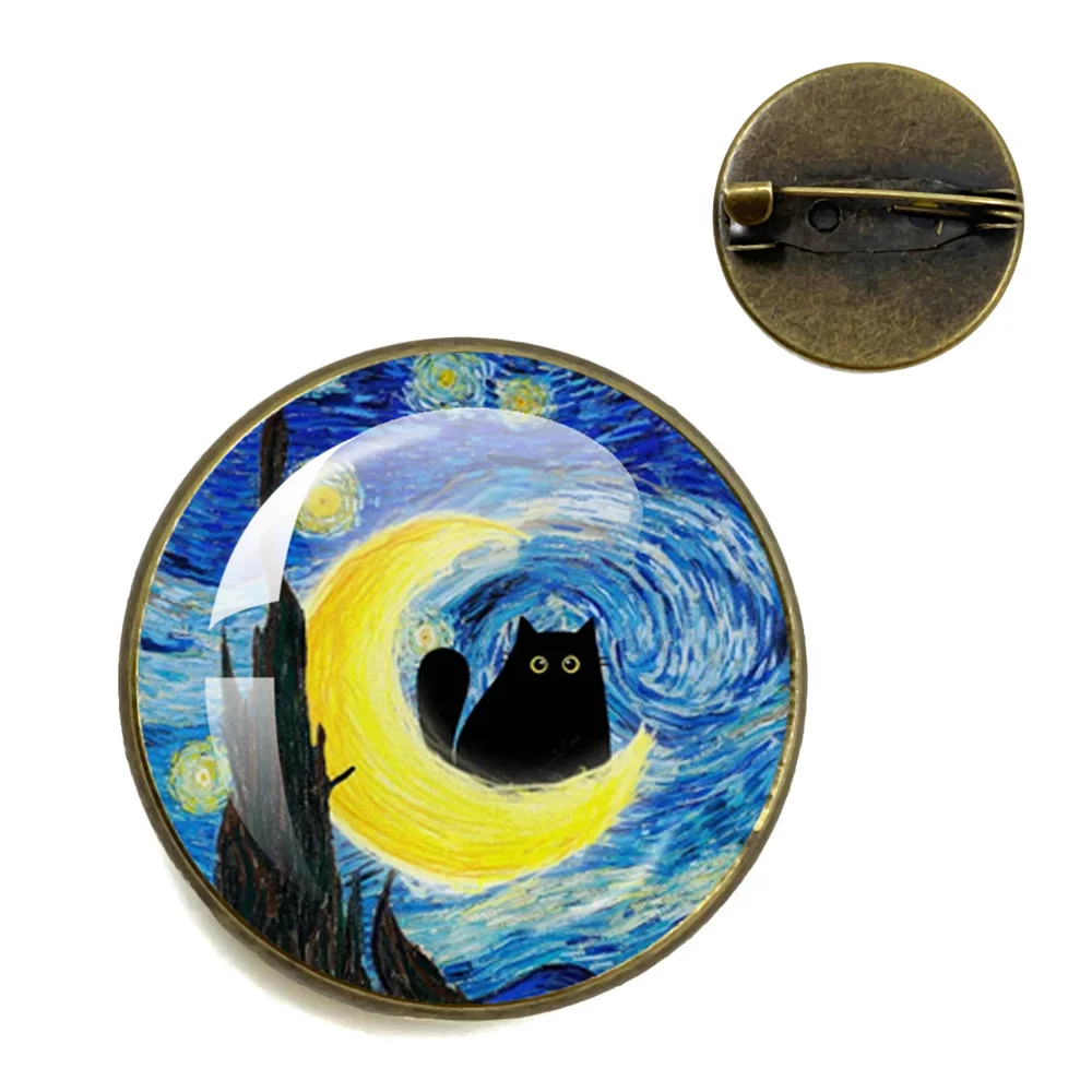 Van Gogh starry sky Arts Painting Enamel Pins Black Cat Cartoon Metal Brooch Badge Anime Accessory Gifts