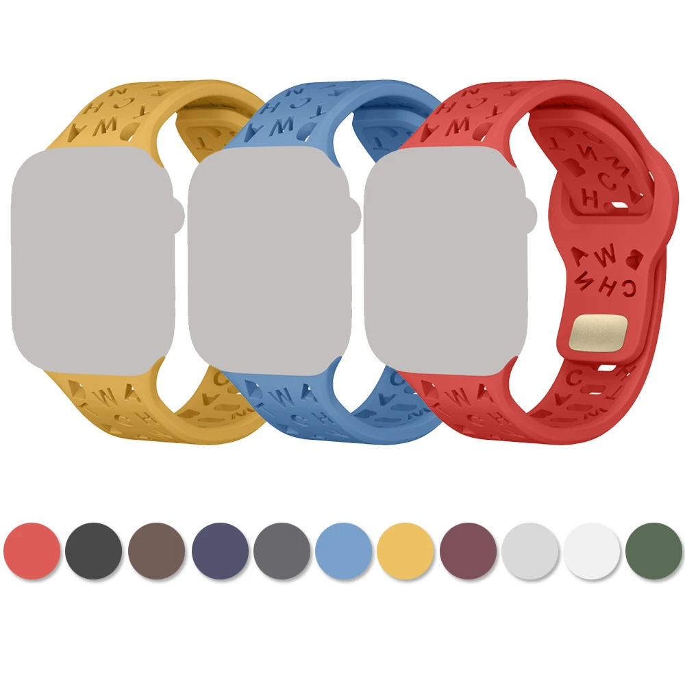 Silicone Hollow Alphabet Band For Apple Watch 49mm 45mm 44mm 41mm 40mm 38mm Strap For iWatch Series Ultra 2/9/8/7/6/5/4/3/2/1/Se