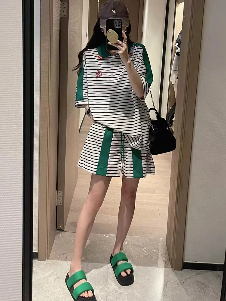 Striped Casual Sports Suit Womens Short Sleeves 2 Piece Sets Women Outfit 2024 New Vintage Stitching Top Shorts Suits Y2K Street