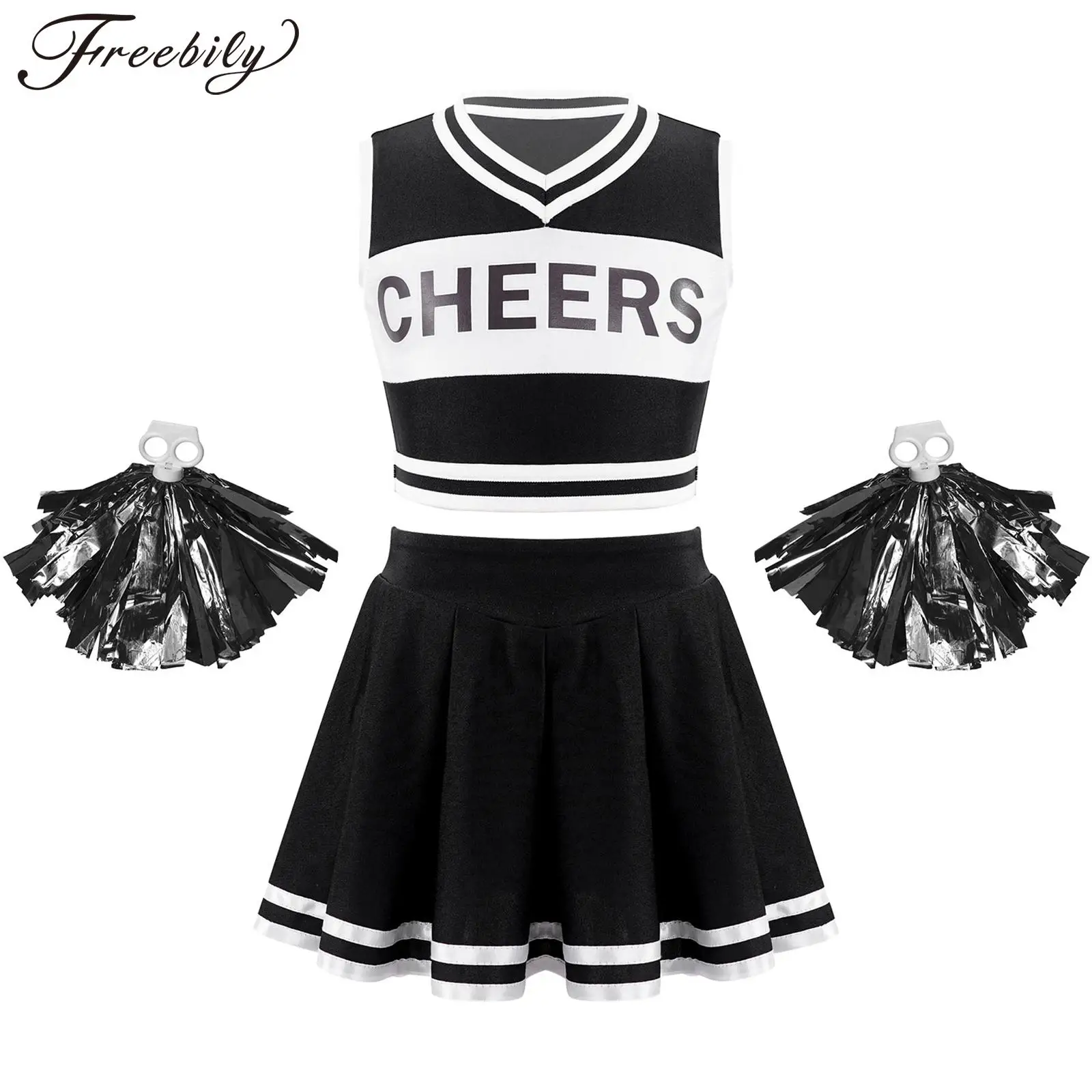 

Kids Girls Cheerleading Costume Uniform Outfits Sleeveless Cheers Printed Crop Top with Pleated Skirt Set for Dance Performance