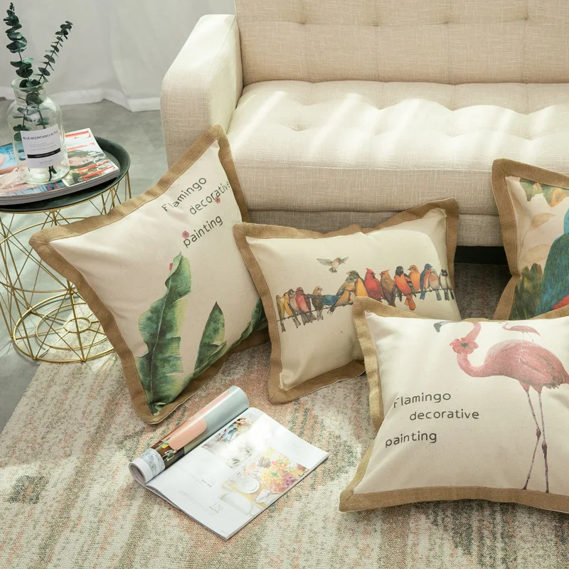 50x50cm Tropical Farmhouse Pillow Cover Cactus & Parrot Print Cotton Linen Cushion Cover Retro Waist Pillow Case