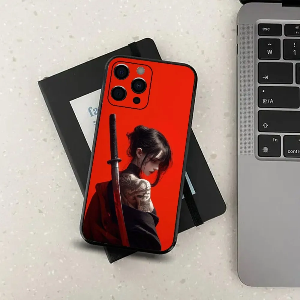 Samurai Warrior Geisha Phone Case For Apple iPhone 15,14,13,12,11,Pro,X,XS,Max,XR,Plus,Mini Soft Black Cover