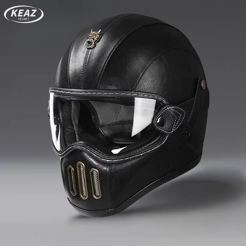 DOT-zertifiziertes handgefertigtes Leder TT&CO Motorrad Retro Helm Leder Vollhelm Cruising Motorradhelm Leichtgewicht ﻿