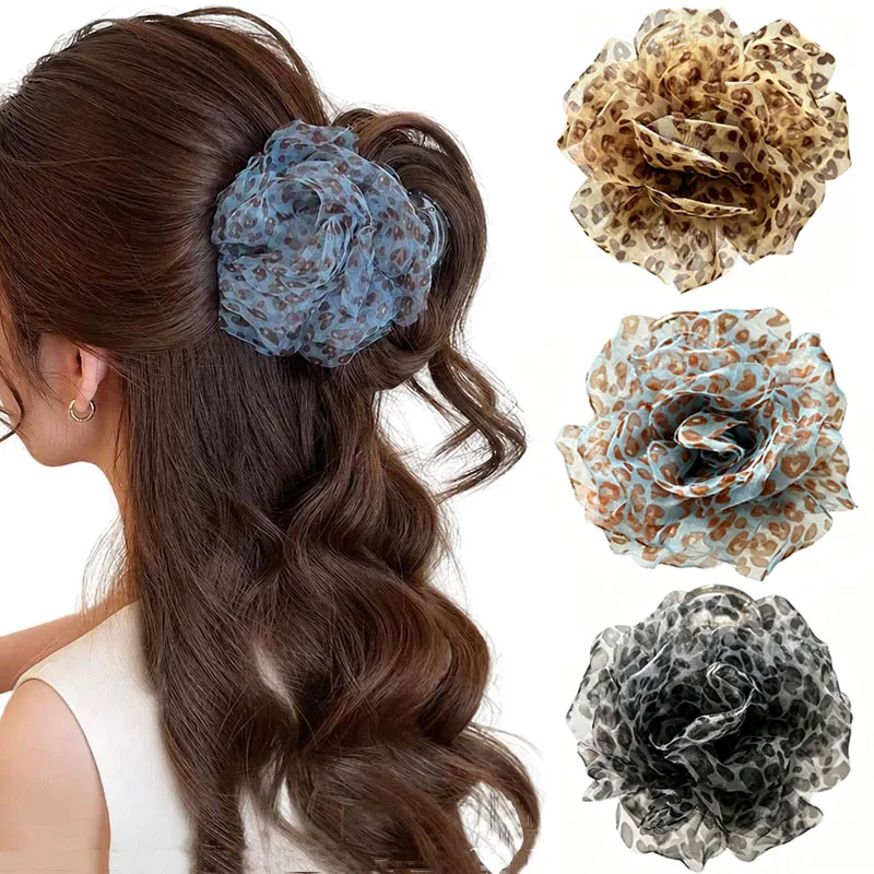New Leopard Print Fabric Flower Claw Clip Vintage Beach Crab Hair Clips Hairpins Shark Clamp For Women Vacation Hair Accessories
