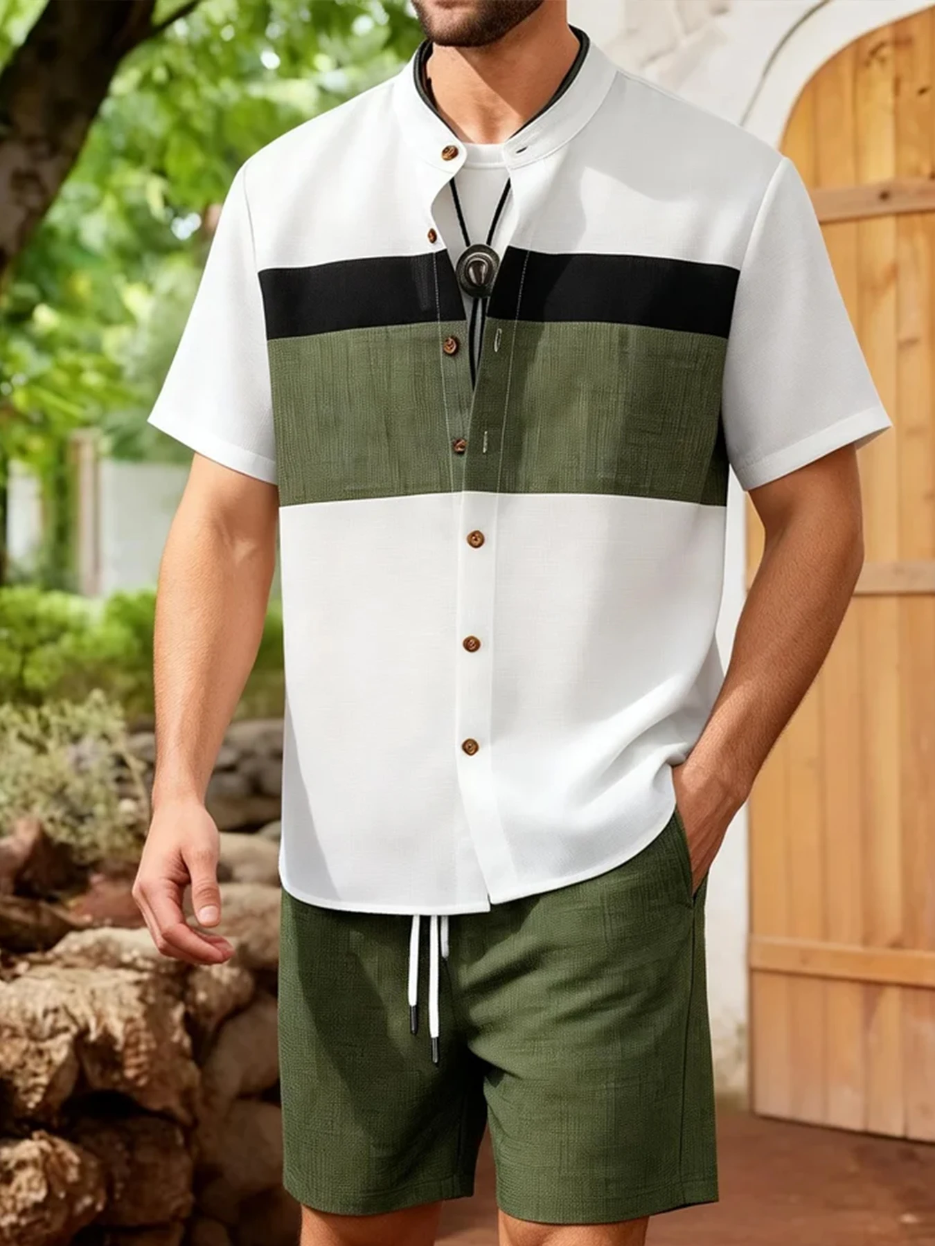 

Men's 2 Piece Color Block Stand Collar Short Sleeve Set, Textured Shirt & Shorts Summer Casual Outfit