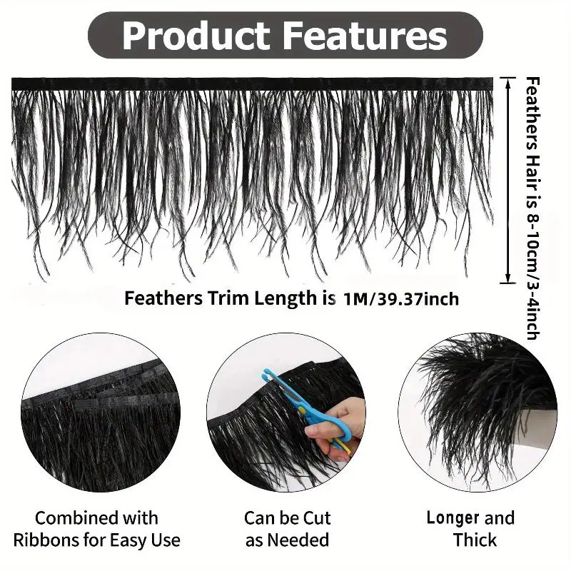 1 Stück DIY Boho Hochzeitskleider Nähzubehör Weißes Federband 100CM Schwarzes Natürliches Straußenfeder-Besatzband für Bastelarbeiten Party Heimdekoration – Detail 3