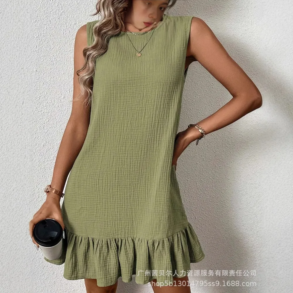 Women Round Neck Sleeveless Ruffles Hem Dress Casual Loose Fit Mini Dress