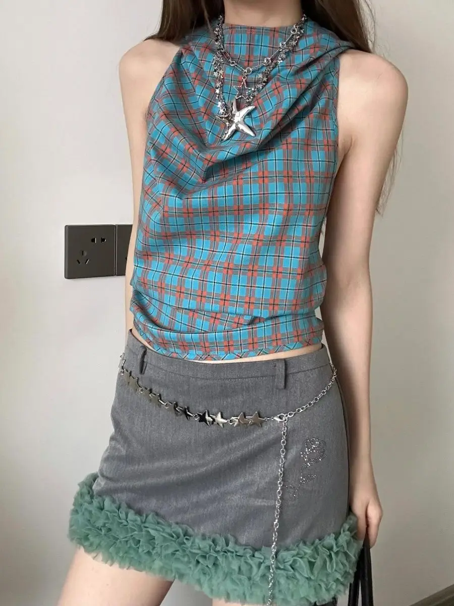 Spicy Girl Style Sexy Backless Plaid Vest 2024 Women's Summer Design Feeling Hooded Pure Desire Style Short Sleeveless Top