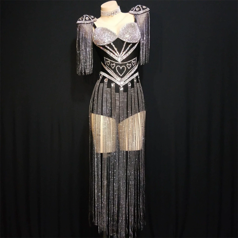 

Bright Silver Fringes Rhinestones Bodysuit Sexy Luxury Leotard Outfits Women Birthday Party Jumpsuit Singer Dance Stage Costumes