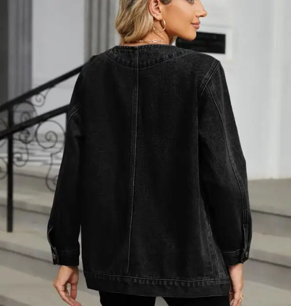 

Осенняя новая однотонная повседневная стираная винтажная джинсовая куртка в стиле ретро, женская джинсовая куртка с v-образным вырезом и свободными пуговицами, с большим карманом