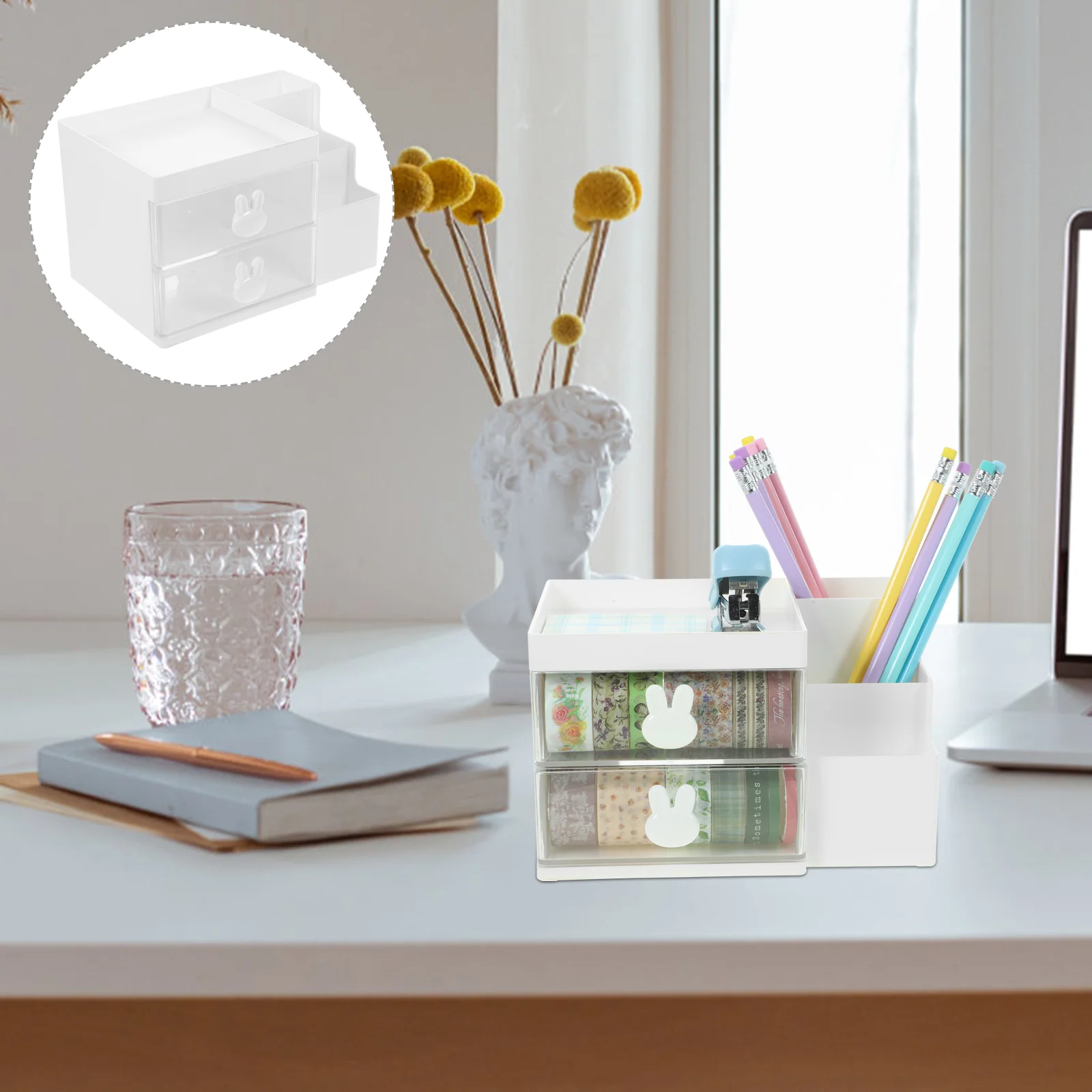 Holder Desktop Pen Storage Box Drawer-type Office Stationery Cosmetics Multi-Function Organizing Rack (White) Holders Organizer