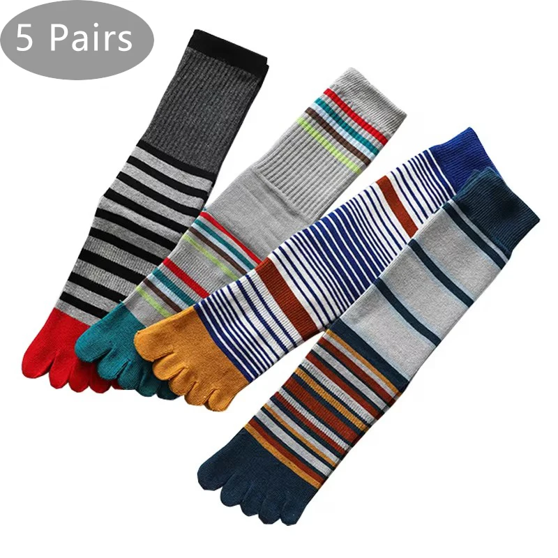 

5 Pairs Large Size 5 Finger Socks Man Combed Cotton Striped Business Fashion Party Dress Long Happy Socks With Toes 4 Seasons