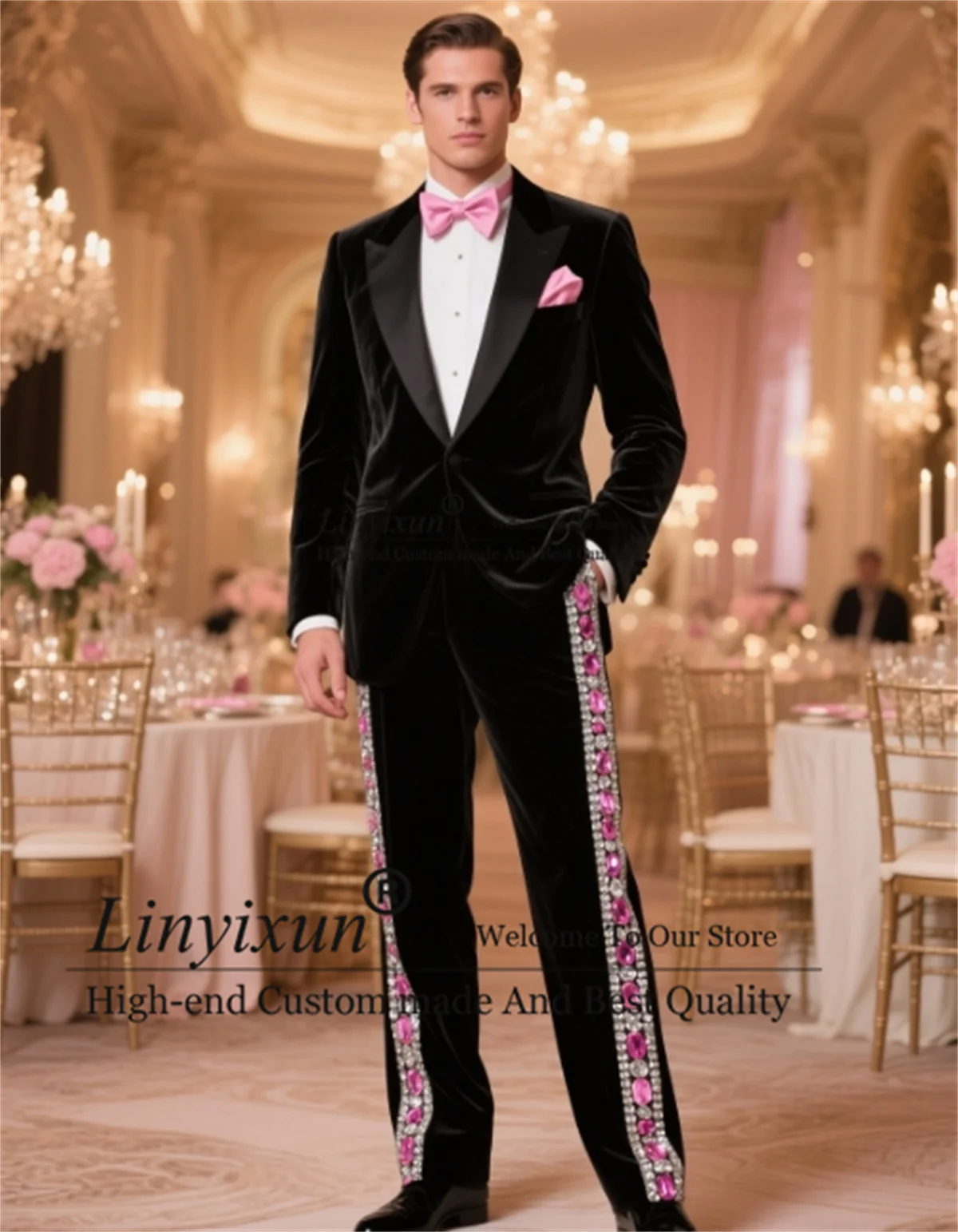 

Shinny Gem Crystals Men Suits Customized Slim Fit Groom Wedding Tuxedo High End 2 Pieces Sets Male Party Blazers Costume Homme
