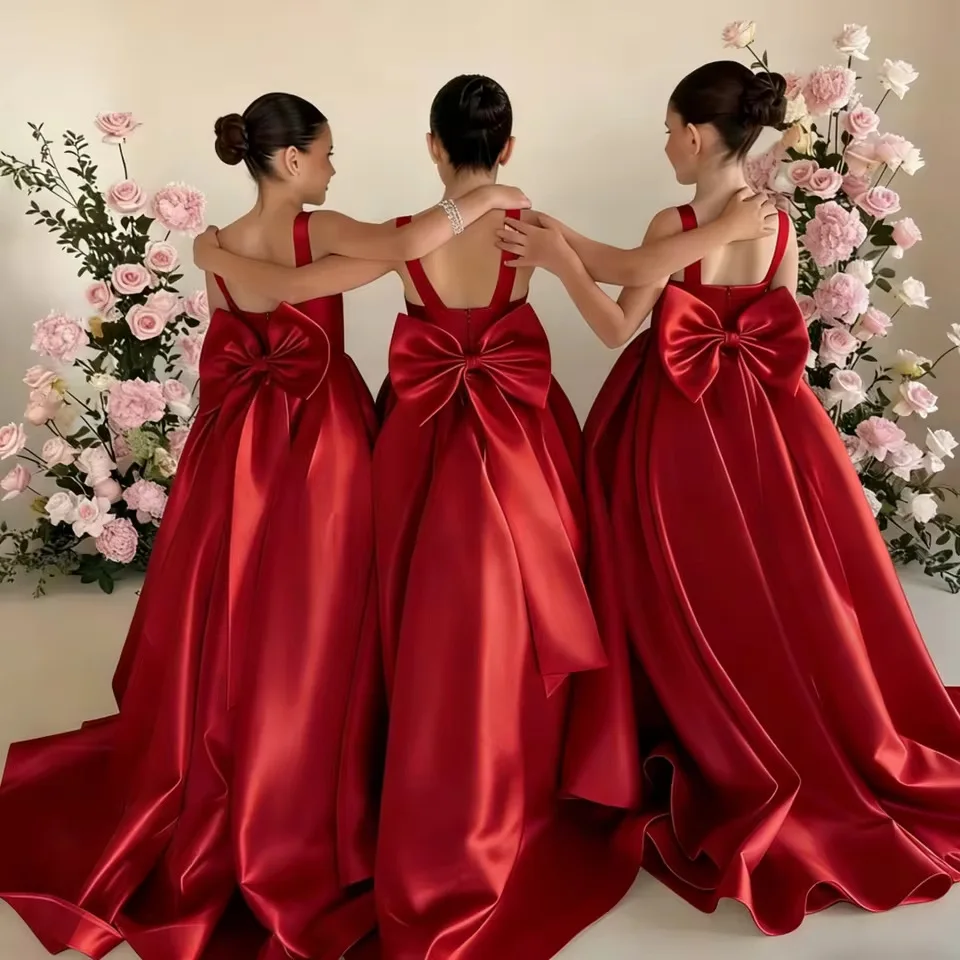 Custom Luxury Dress Women Wedding Guest Girls Wedding Gown Luxury Birthday Pageant Catwalk Red Satin Bow Kids Formal Gown