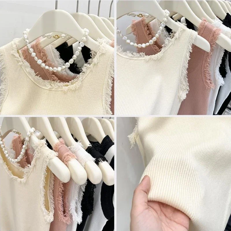 여름 여성 탱크탑 솔리드 니트 슬리브리스 태슬 U넥 아이시 실크 언더웨어 엘라스틱 슬림 여성 의류 조끼 2026