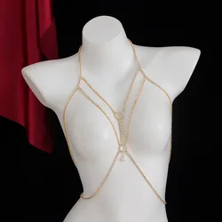 Fashionable multi-layer hanging neck rhinestone chest chain sexy bikini nightclub women's body chain jewelry