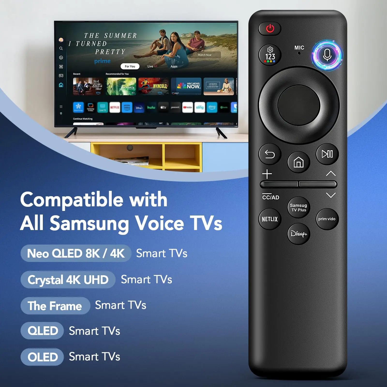 Control Remoto Solar Compatible con Samsung, Carga por Voz/USB-C, Samsung NEO QLED 8k UHD BN59-01455A
