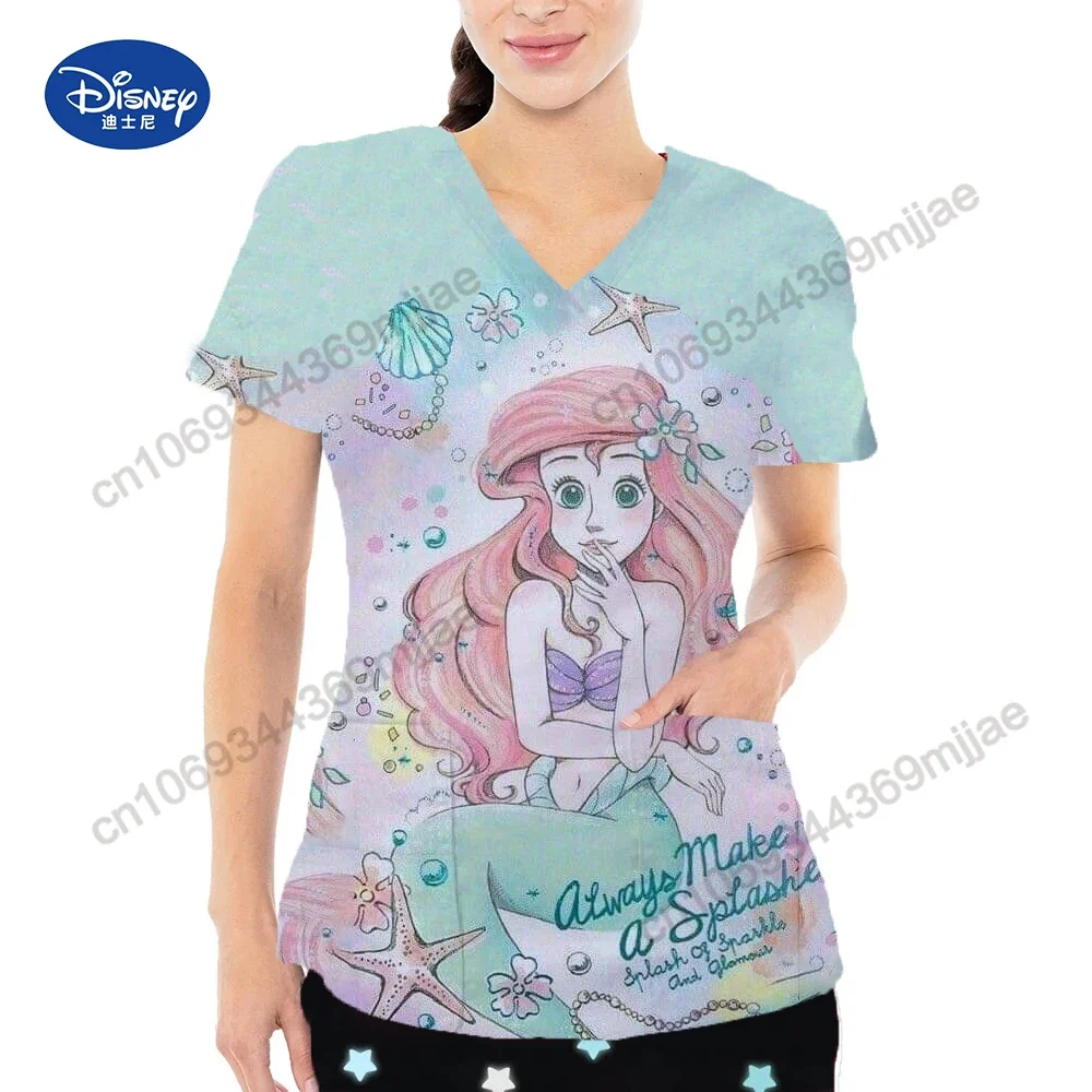 New Summer Cartoon Women's T-shirts V-neck Pocket Design Tops for Women