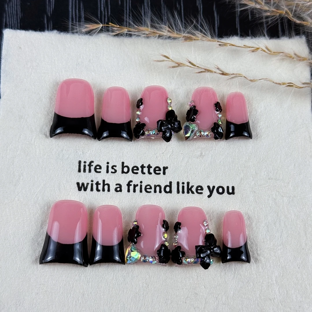 10pcs High-end Light luxury Hepburn style, hand-painted three-dimensional patterns, dazzling sparkly diamonds handmade fake nail