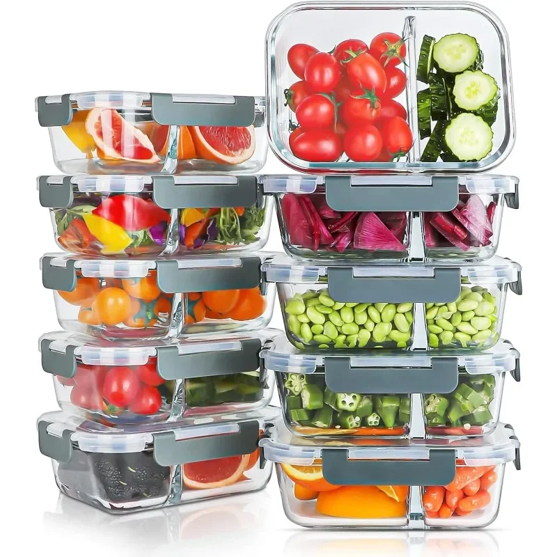 

10 Packs 30oz Glass Meal Prep Containers 2 Compartments,Glass Food Storage Containers with Lids,Airtight