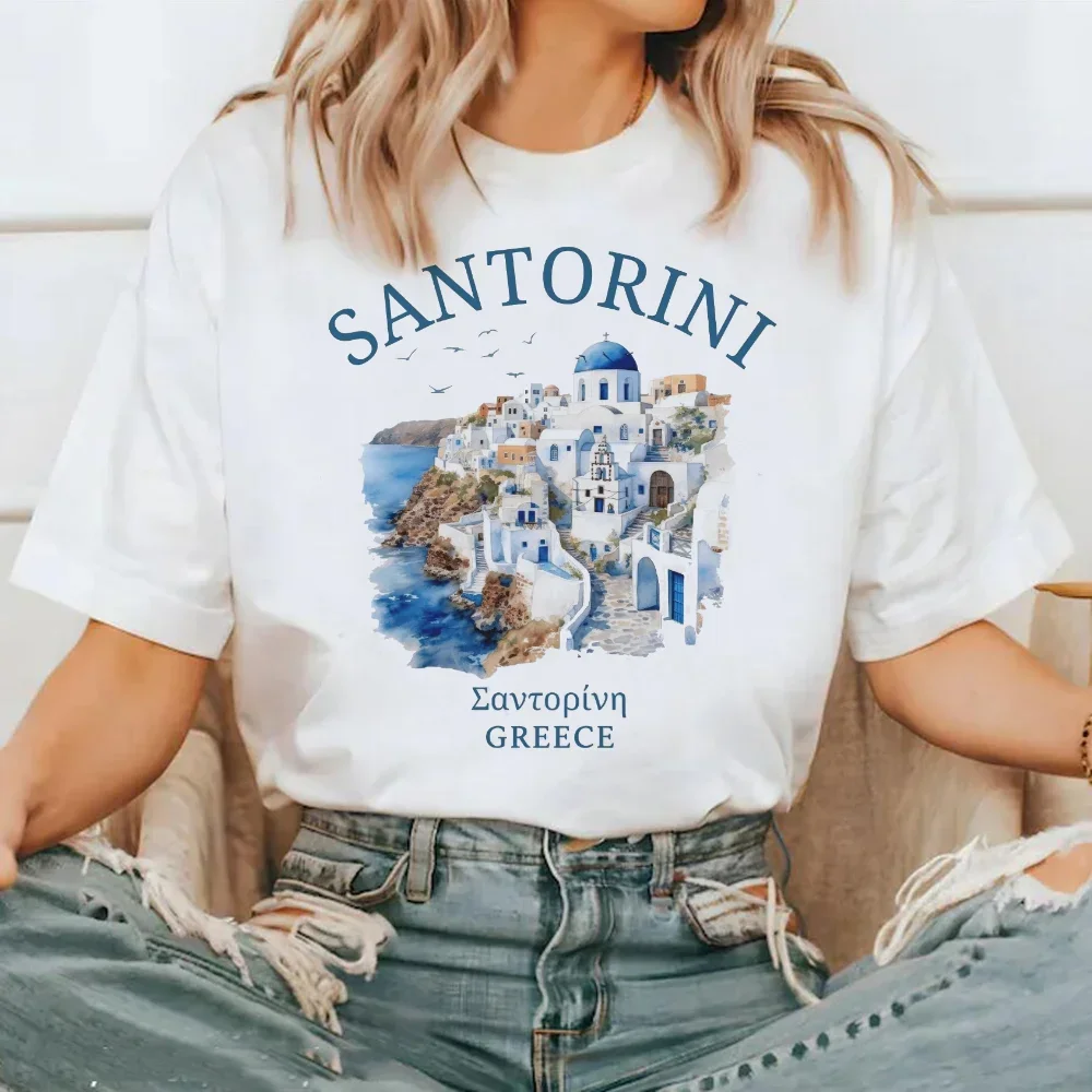 Santorini Shirt, Greek Island Tee, Pattern Printing Tshirt Women Fashion Trend Top Summer T-Shirt  Women'S Printed Travel Tees