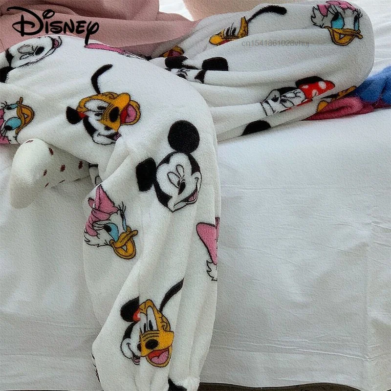 Disney mickey mouse novo estilo flanela pijamas calças brancas mulheres macias calças de pelúcia y2k roupas kawaii feminino casual em casa