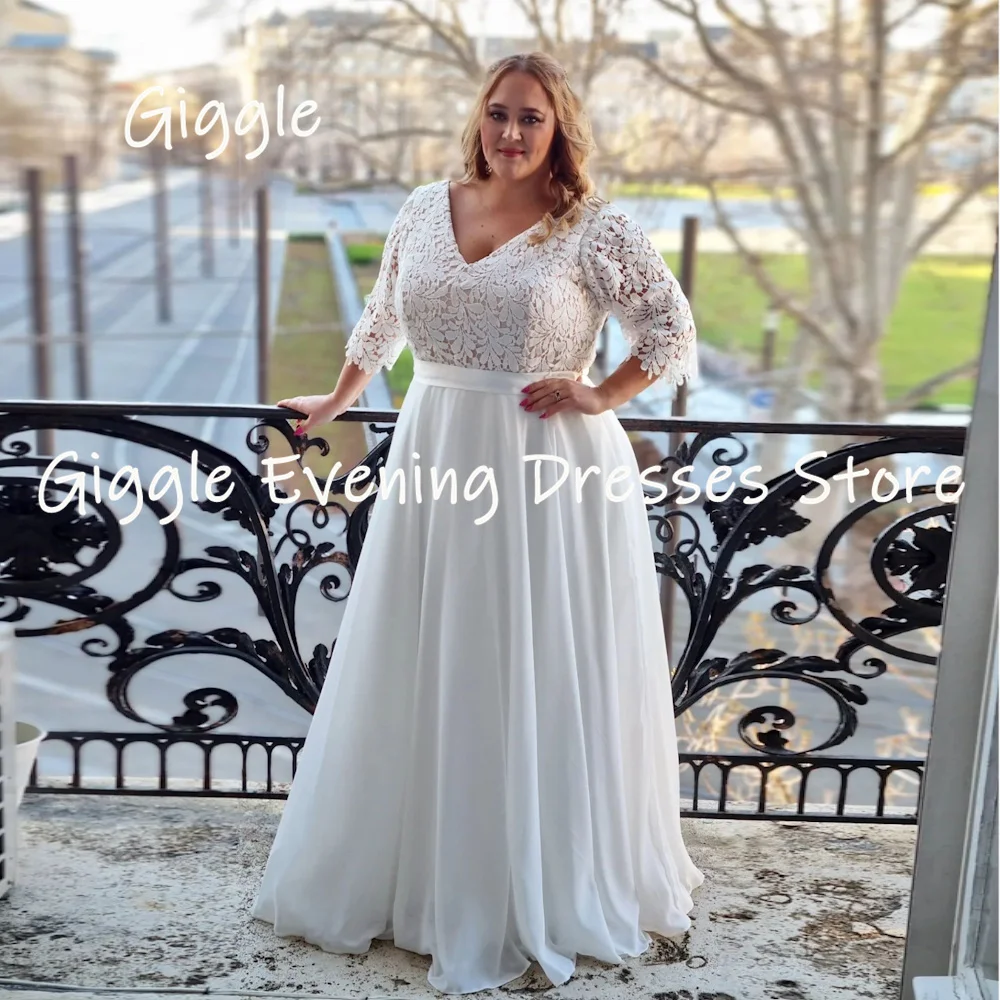 

Giggle Plus Size Simple V-neck Neckline Lace and Chiffon No Train A-line Bride Dress Zipper Back Wedding Dress vestido de noiva