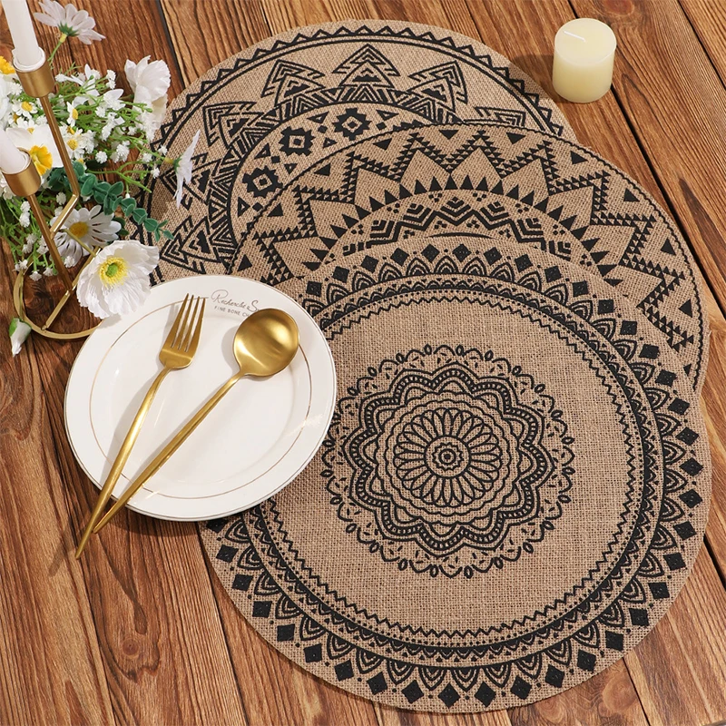 38cm Round Mats Bohemia Printed Jute Placemats 10 Pack Heat Insulation Woven Table Mats Rustic Party Dining Table Decoration