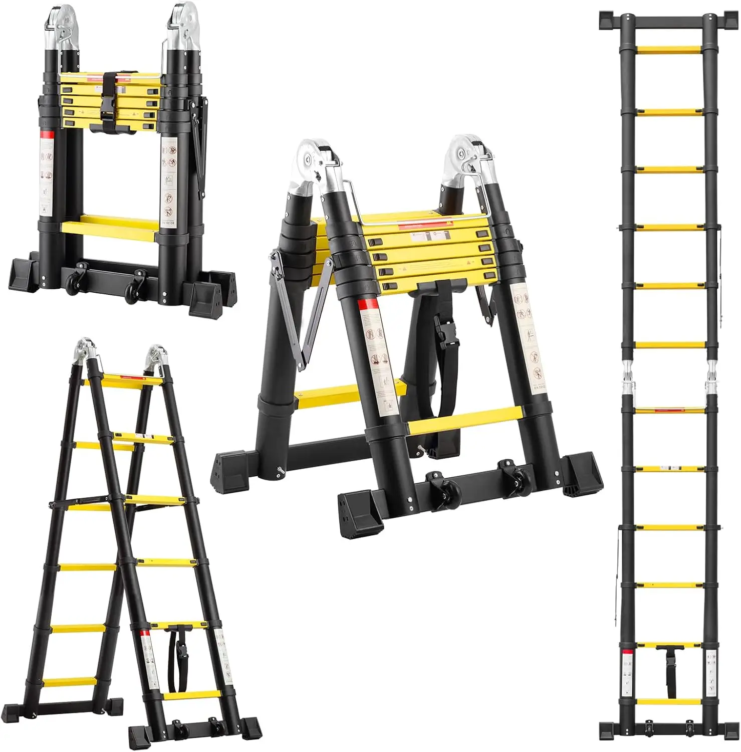 Aluminium-Klappleiter 3,8 m mit rutschfestem und stabilisatorstange, 150 kg Tragkraft