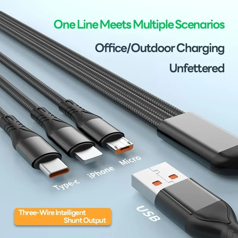 66W Fast Charging One-to-three Data Cable Three-in-one Mobile Phone Charging Cable Type-c Super Fast Charging for Phone Computer