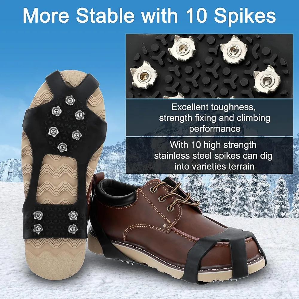Ice Cleats Crampons for Shoes Boots, 10 Stainless Steel Spikes Snow Traction Grips Winter Anti‑Slip for Walking Fishing Hiking