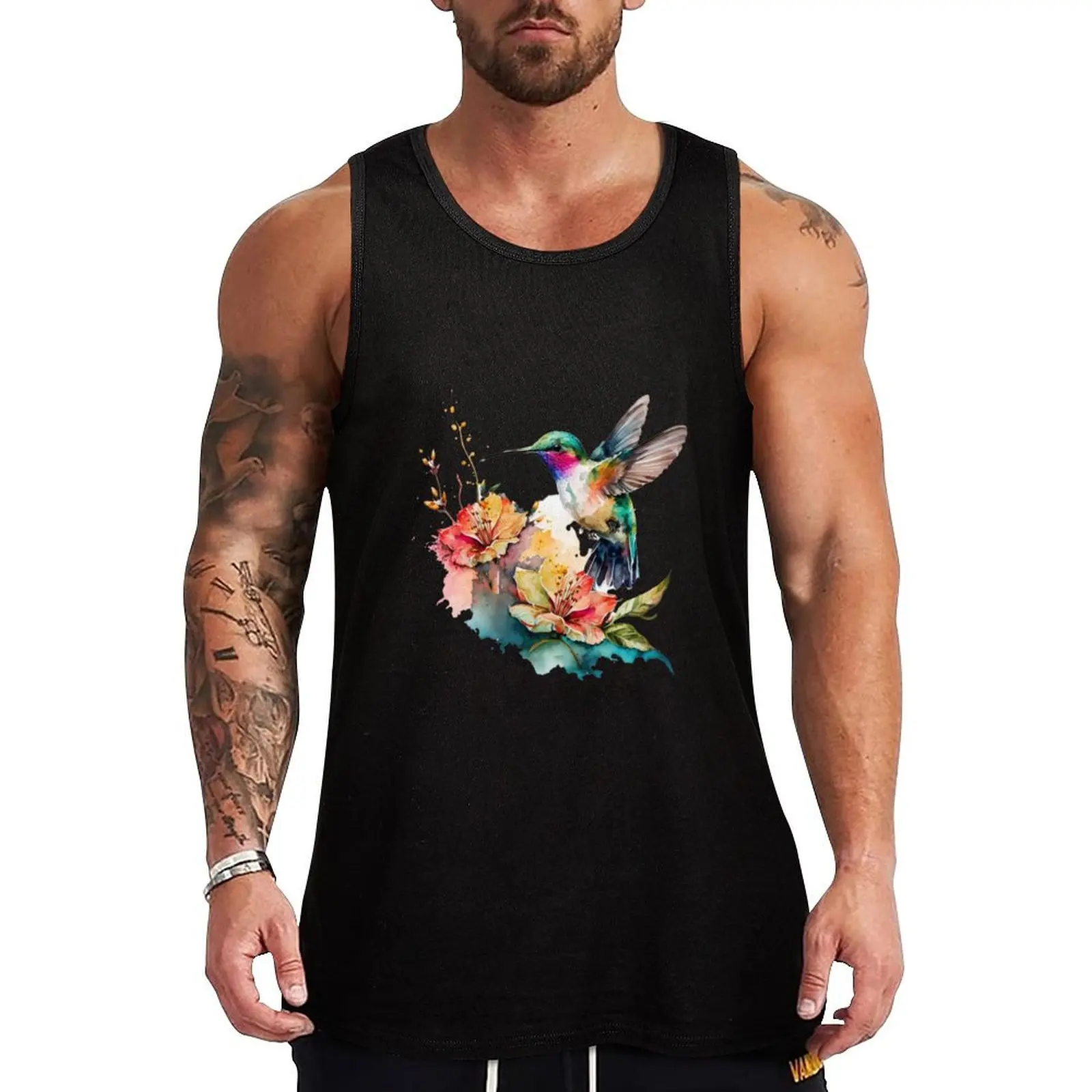 Colorful Watercolor Hummingbird and flowers 13 Tank Top Street Print Tank Top Casual Graphic Sleeveless Tee