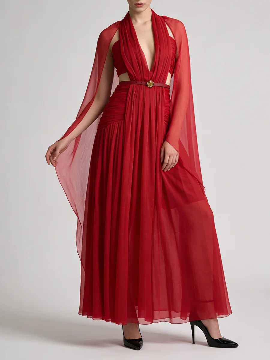 TWOTWINSTYLE Slimming Hollow Out Spliced Ribbons Temperament Dress for Women V Neck Sleeveless High Waist Dresses Female Fashion