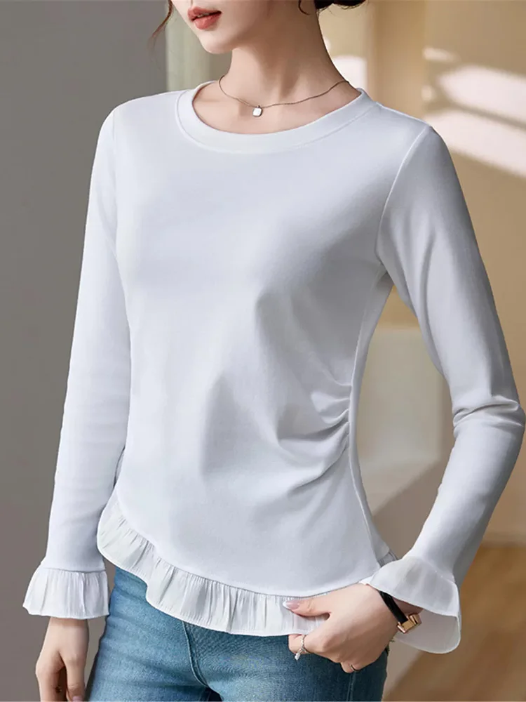 New Women Lace Patchwork T-shirt Spring Autumn Fashion O-Neck Long Sleeve Slim Waist Beautiful T-shirt Casual Daily T-shirt