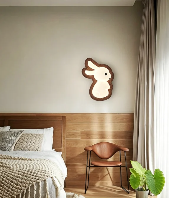 Cream Style Cartoon Rabbit Wall Lamp, Nordic Minimalist Wood Texture, Full Spectrum Eye Protection, Bedroom Ambient Light for Bo