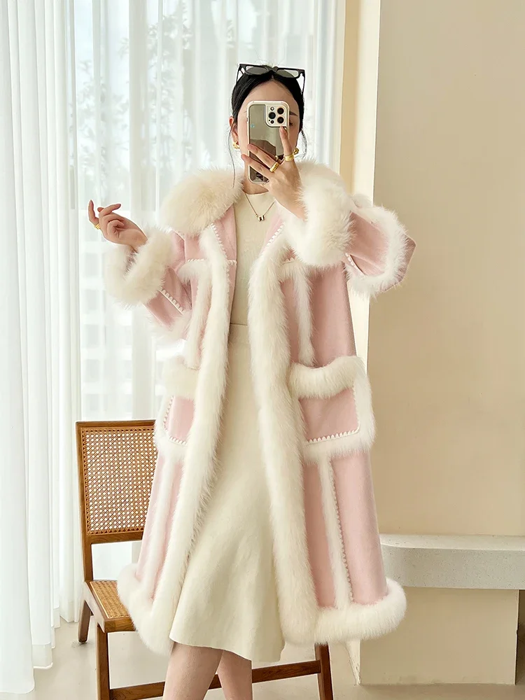 Fur jacket women's color matching high-end splicing fox hair winter long new double-sided woolen coat fashion down jacket retro