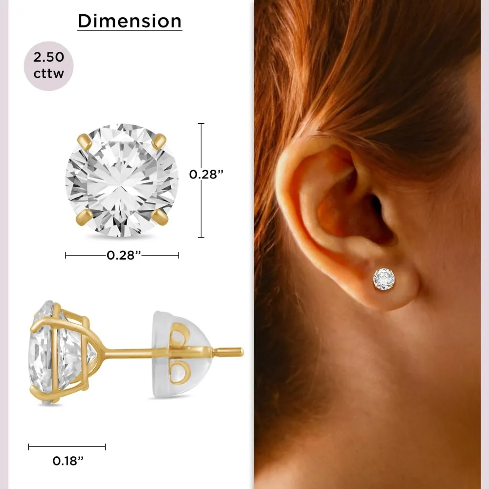 أقراط سوليتير نسائية من الذهب عيار 10 قيراط - ذهب أصفر أو أبيض، 5 مم 1 قيراط، 6.5 مم 2.0 قيراط، خيارات 7 مم 2.5 CTW