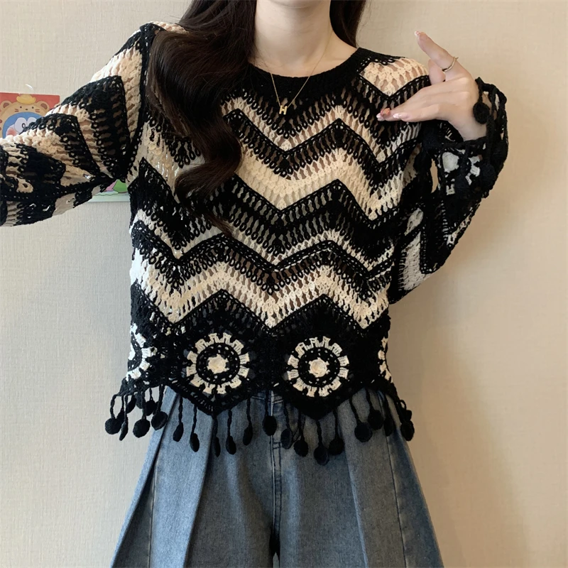 

Женский вязаный свитер с длинными рукавами, свободного кроя, с бахромой, кружевными вставками, ажурный, в стиле колор-блок, из хлопка, с круглым вырезом, топ