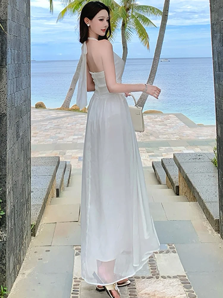 2025 Nowa Biała Elegancka Sukienka Damska z Kokardą na Szyi, Seksowna Długa Sukienka Luksusowa Sukienka z Diamentami Letnia Koreańska Moda Obcisła Sukienka Wieczorowa