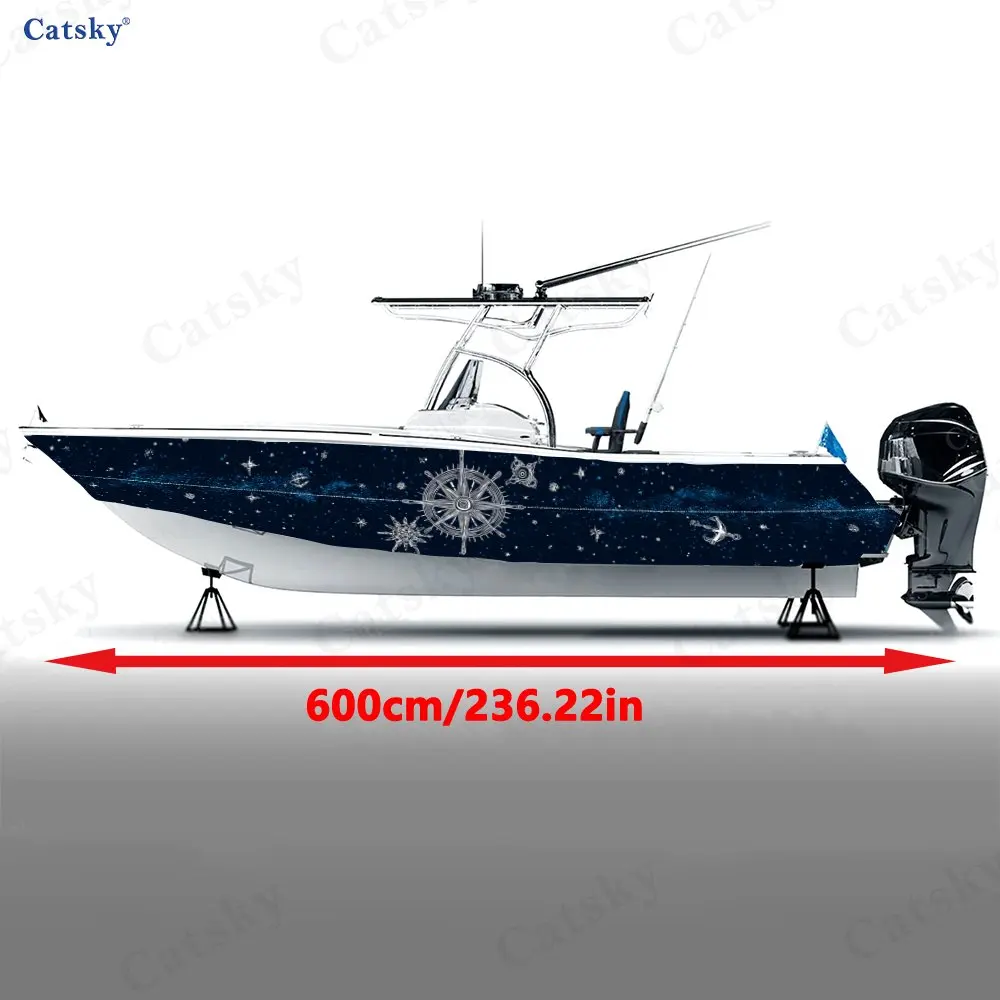 Starry Night Nautical Compass Boat Stickers, PVC Waterproof Vinyl Wrap Decals for Fishing Boats, Durable and Stylish Design
