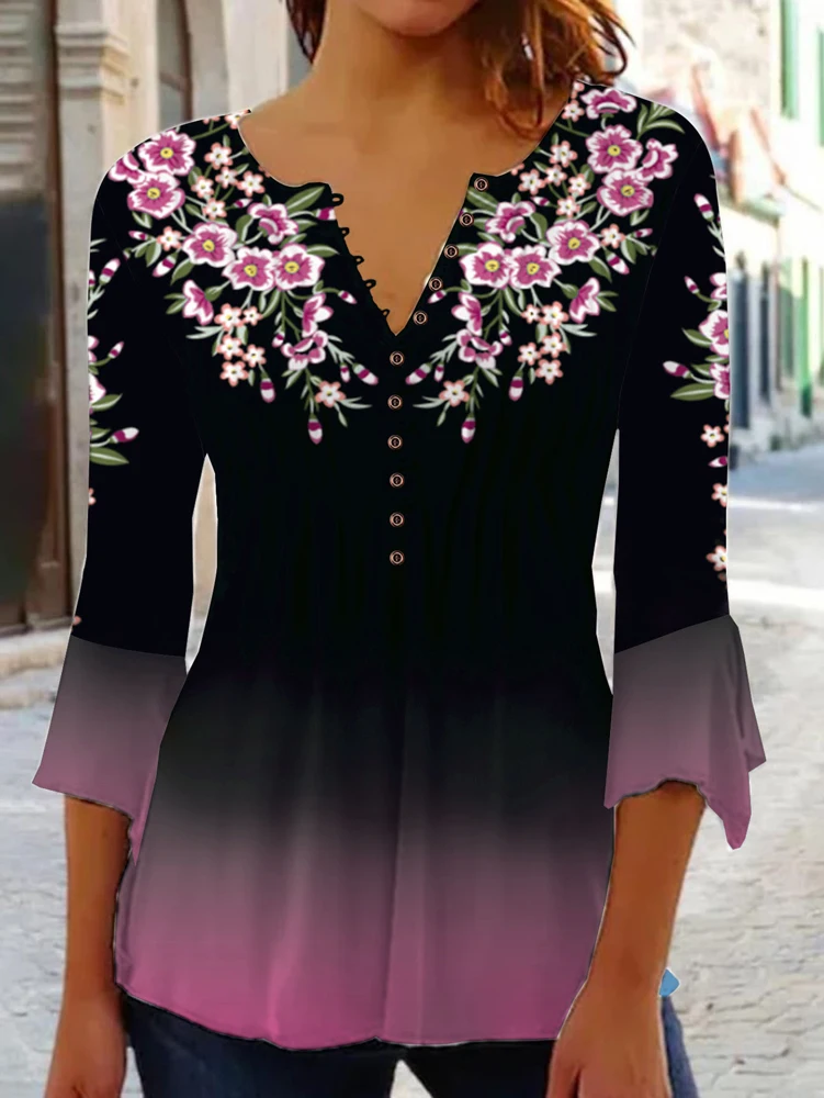 Plus Size Floral Print Blouse, V Neck Half Button Gradient Flare 3/4 Sleeve Loose Casual Women Daily Tunic Top image 5