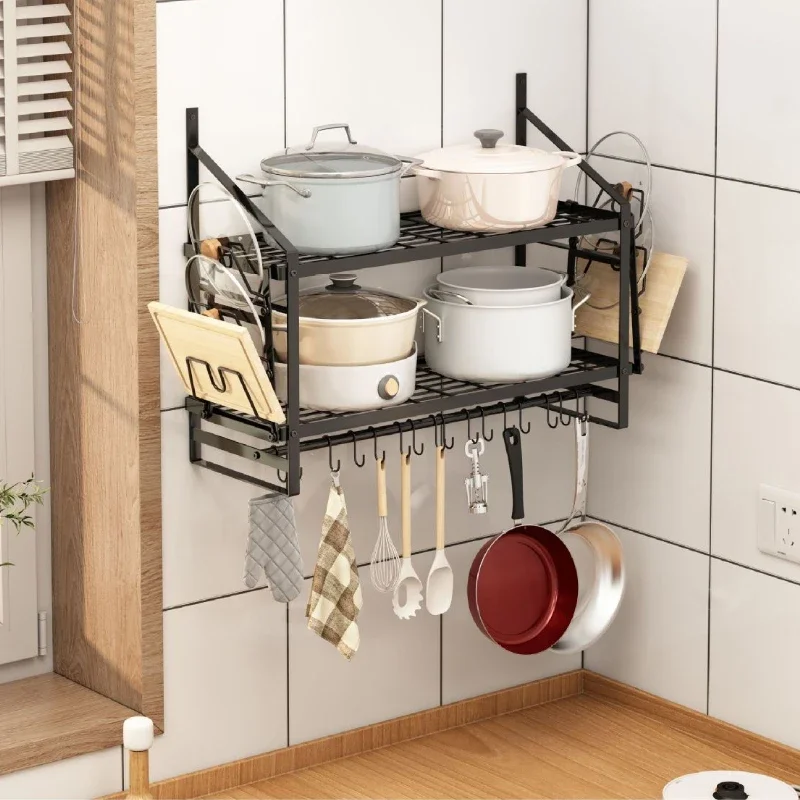 Wall-Mounted Multi-Layer Kitchen Storage Rack Heavy-Duty Carbon Steel Organizer for Seasoning Pots and Spice Jars