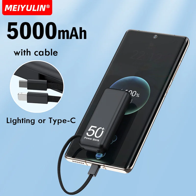 

5000mAh Portable Mini Power Bank Built-in Cable Fast Charger External Spare Battery Small Powerbank For iPhone Samsung Xiaomi